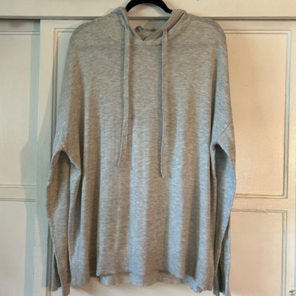 Luxury Casmere Blend Hoodie Pullover Gray Women's XL Sweater Ribbed Split Hem